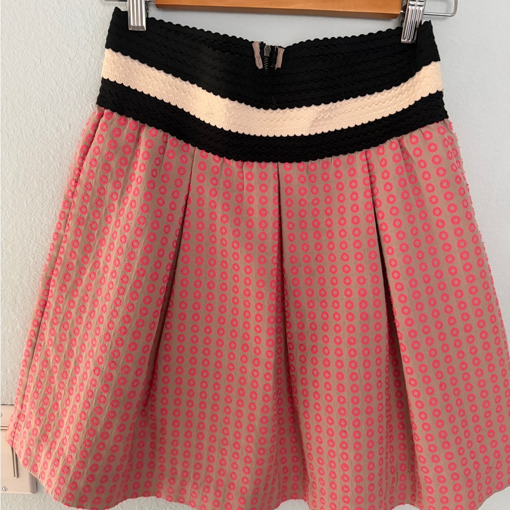 Anthropologie (Maeve)  Pink Patterned Circle Skirt with Black & Cream Waistband